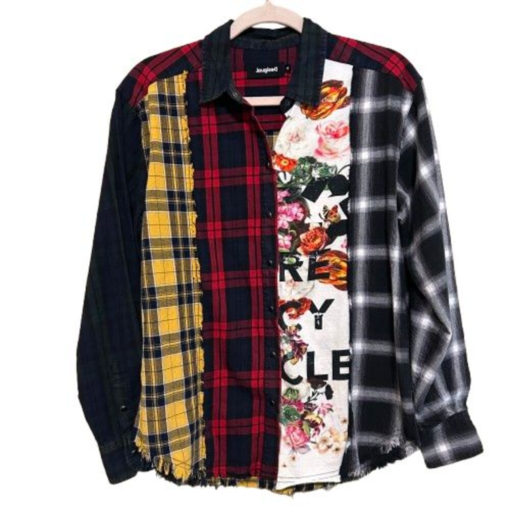 Desigual Mixed Plaid Floral Raw Hem Snap Button Up Shirt Size M Boho Artsy